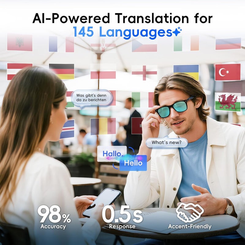 GetD AI Glasses for Men & Women, Smart Glasses Powered by ChatGPT, AI Real-time Translation with 145 languages, 11H Music Play, Bluetooth Sunglasses with Polarized Lens, UV Protection for Daily Use, Travel - Image 3